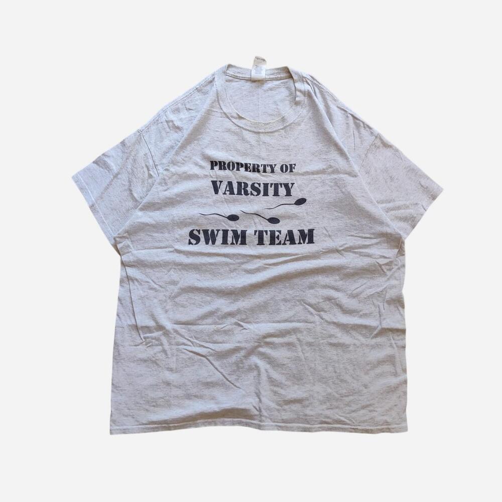 Gray Gildan "Property of Varsity Swim Team" cotton funny t-shirt with black text